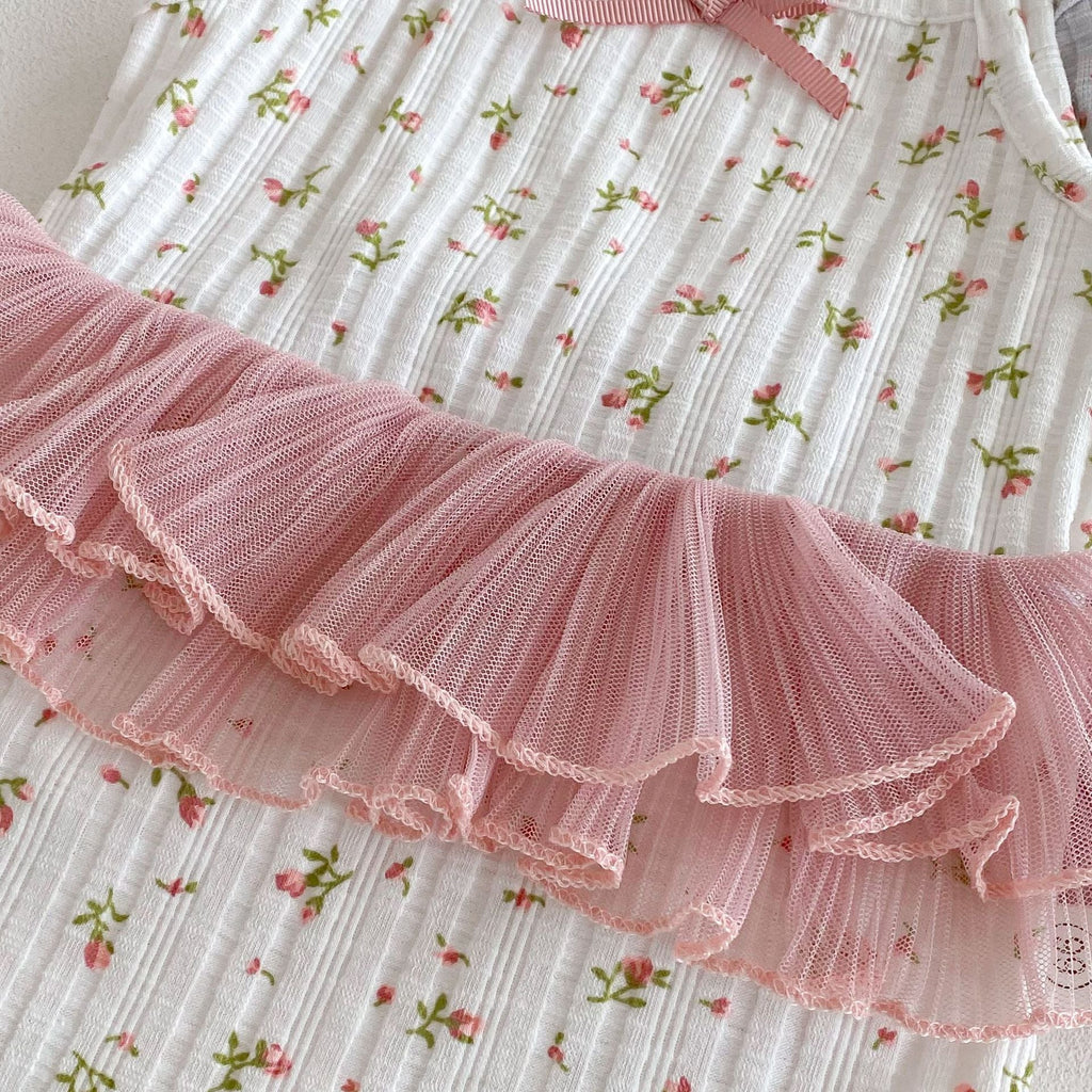 Summer Arrival Baby Girls Color Patchwork Flowers Pattern Sleeveless Onesies-4