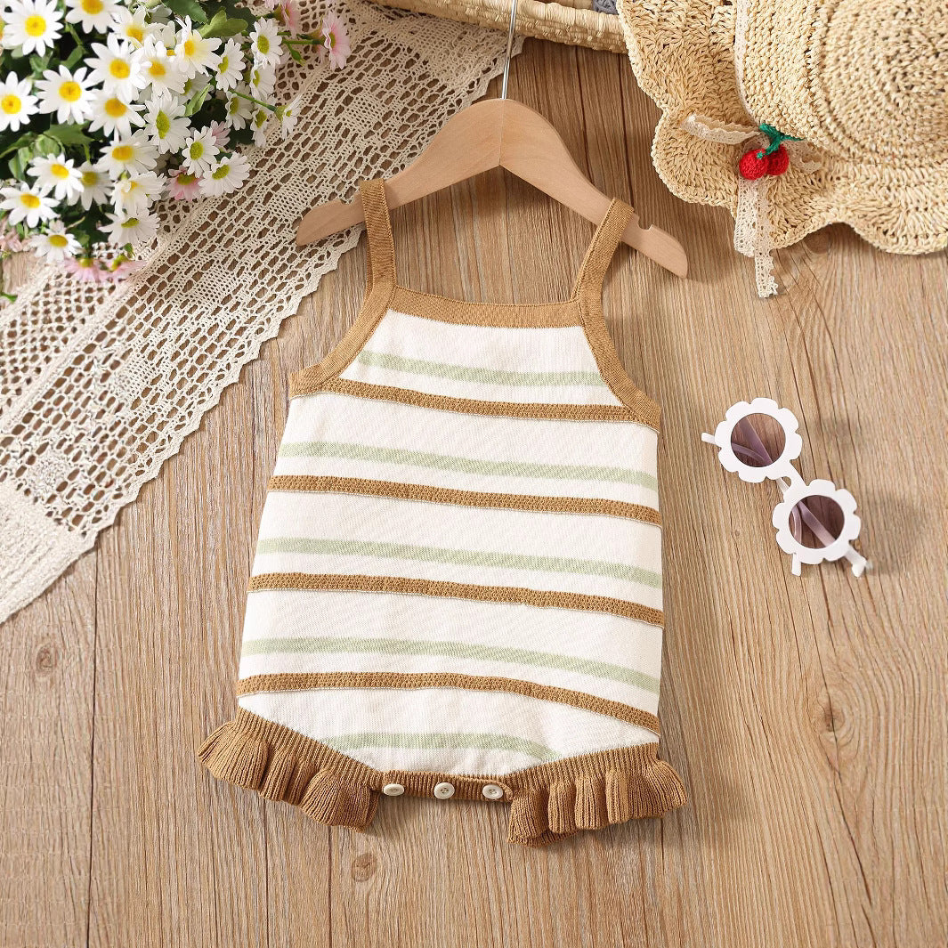 Summer Arrival Baby Girls Cute Thin Striped Pattern Sleeveless Strap Onesies