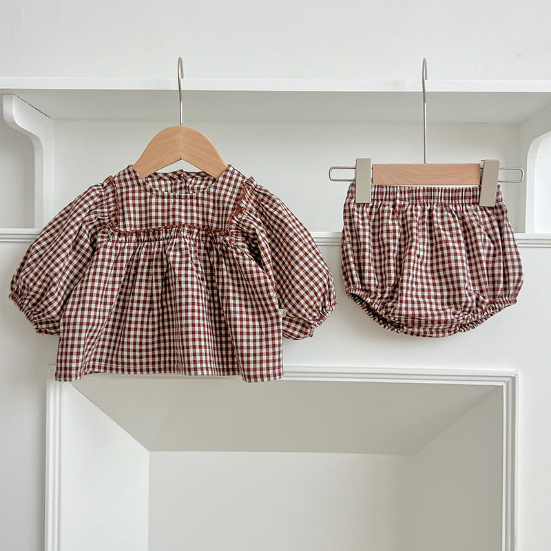 Autumn Hot Selling Baby Girls Long Sleeves Plaid Top Dress And Bloomer Clothing Set