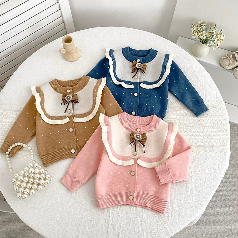 Autumn Arrival Baby Girls Comfortable Dots Pattern Color Patchwork Knitted Long Sleeves Cardigan