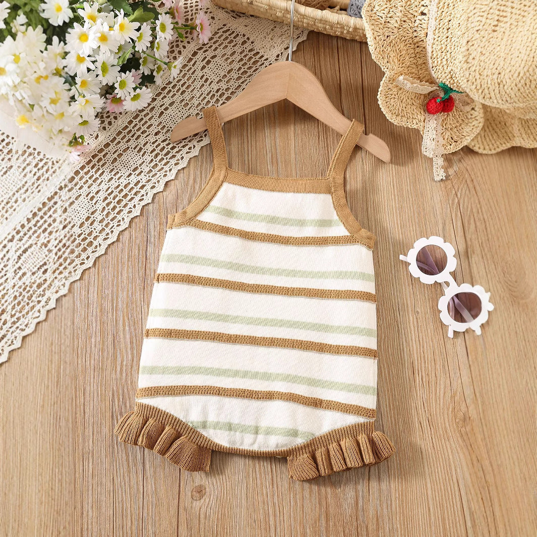 Summer Arrival Baby Girls Cute Thin Striped Pattern Sleeveless Strap Onesies