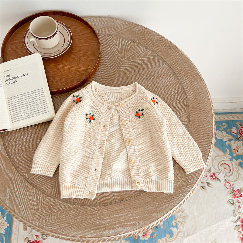 Autumn Arrival Baby Kids Girls Comfortable Flowers Embroiedery Pattern Knitted Long Sleeves Cardigan