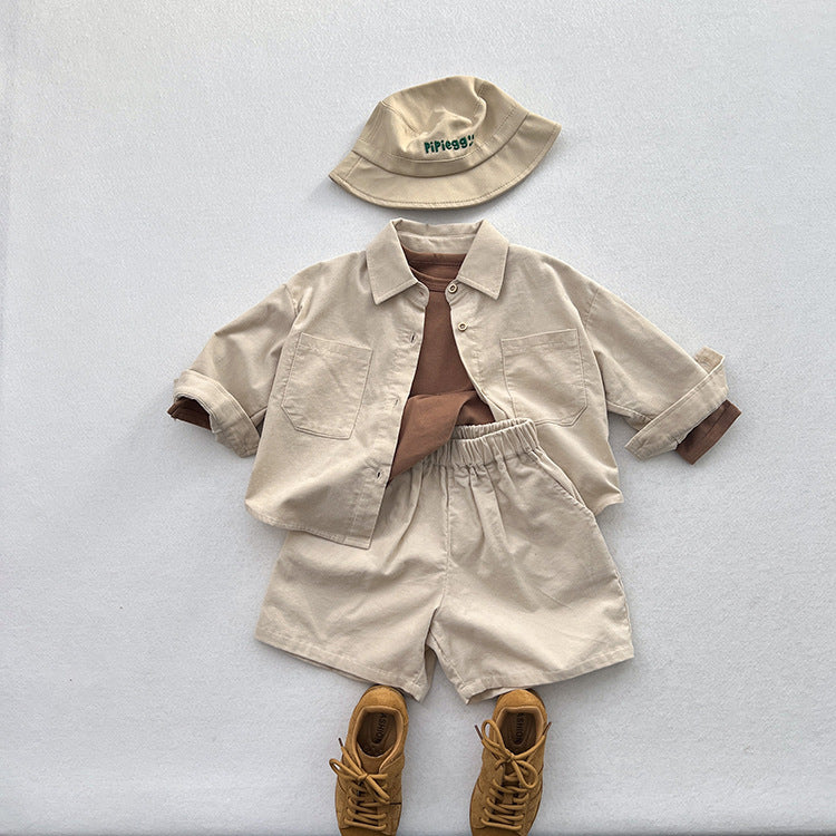 Spring Children’s Thin Shirts Baby Retro Solid Color Jackets For Boys And Girls Mountain Style Long-Sleeved Fine Striped Velvet Shirts-4