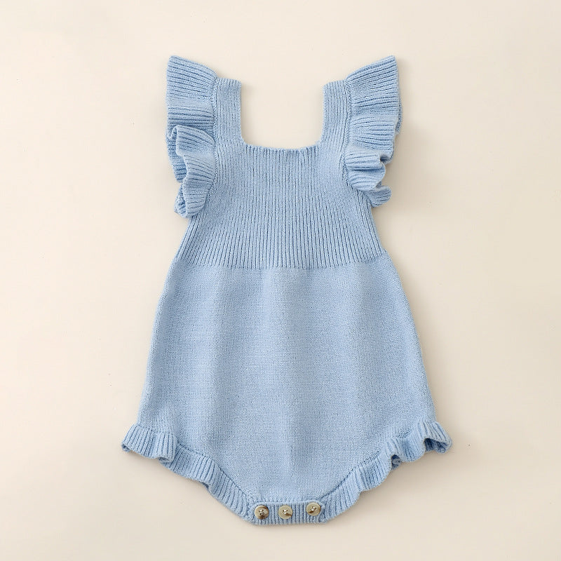 Summer New Arrival Baby Girls Solid Color Fly Sleeves Square Neck Knitted Onesies