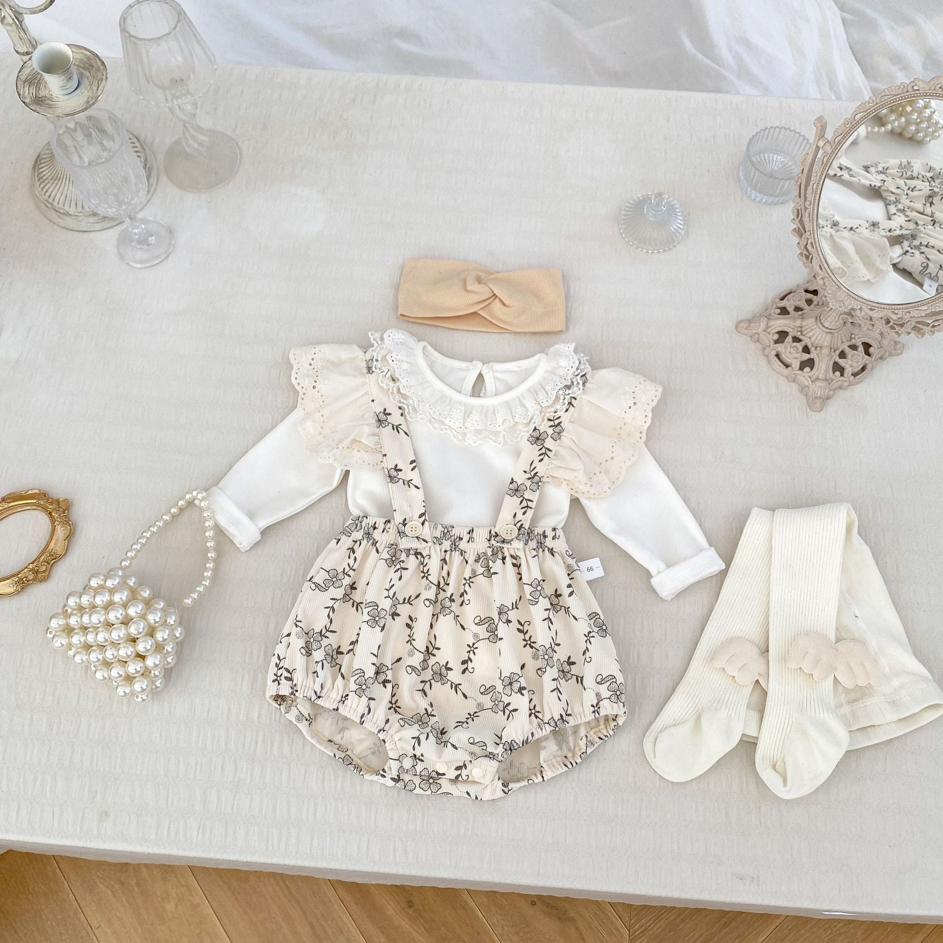 Arrival Autumn Baby Girls Long Sleeves Simple Top and Floral Print Overalls Onesies Clothing Set-0