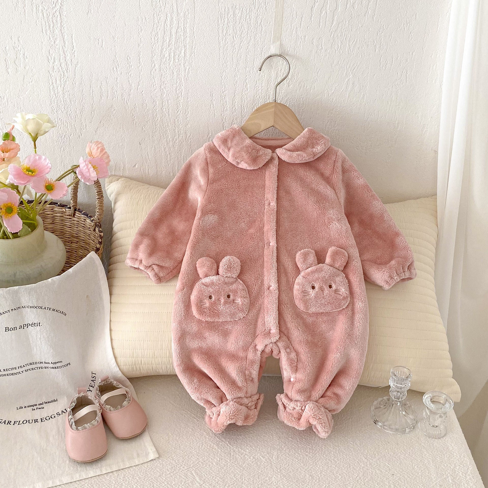 Winter Arrival Baby Girls Cute Rabbits Pattern Warm Double-sided Fleece Rompers