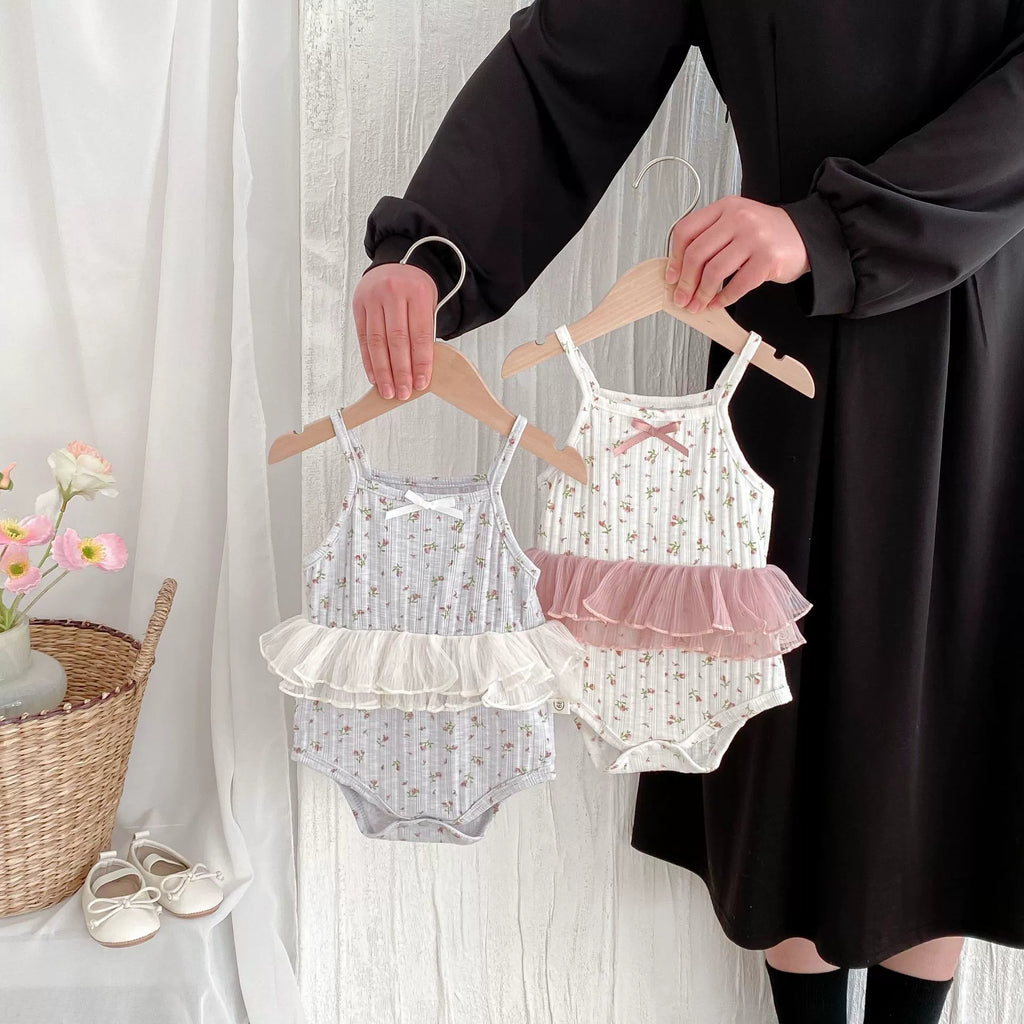 Summer Arrival Baby Girls Color Patchwork Flowers Pattern Sleeveless Onesies-0